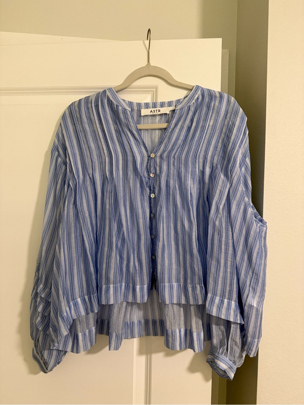 Astr Light Blue & White Striped Button-Front Top